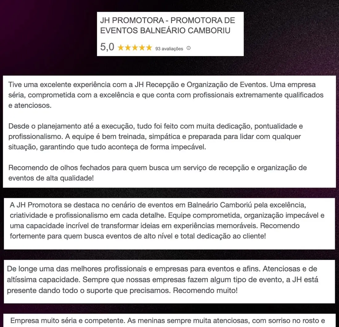Capturas de avaliações reais da JH Produtora no Google