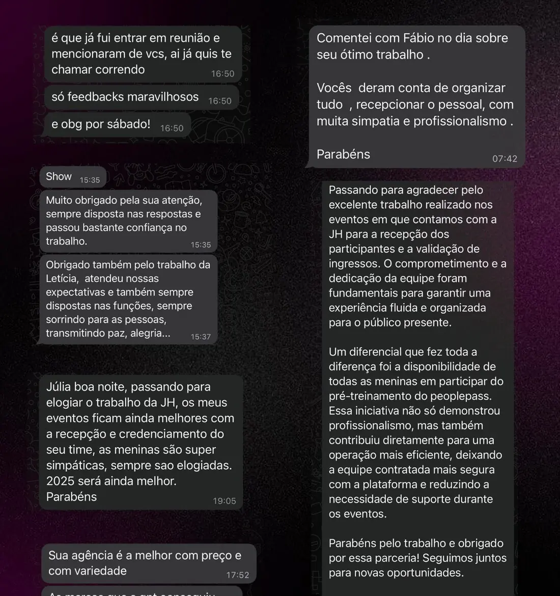 Capturas de mensagens reais de clientes da JH Produtora